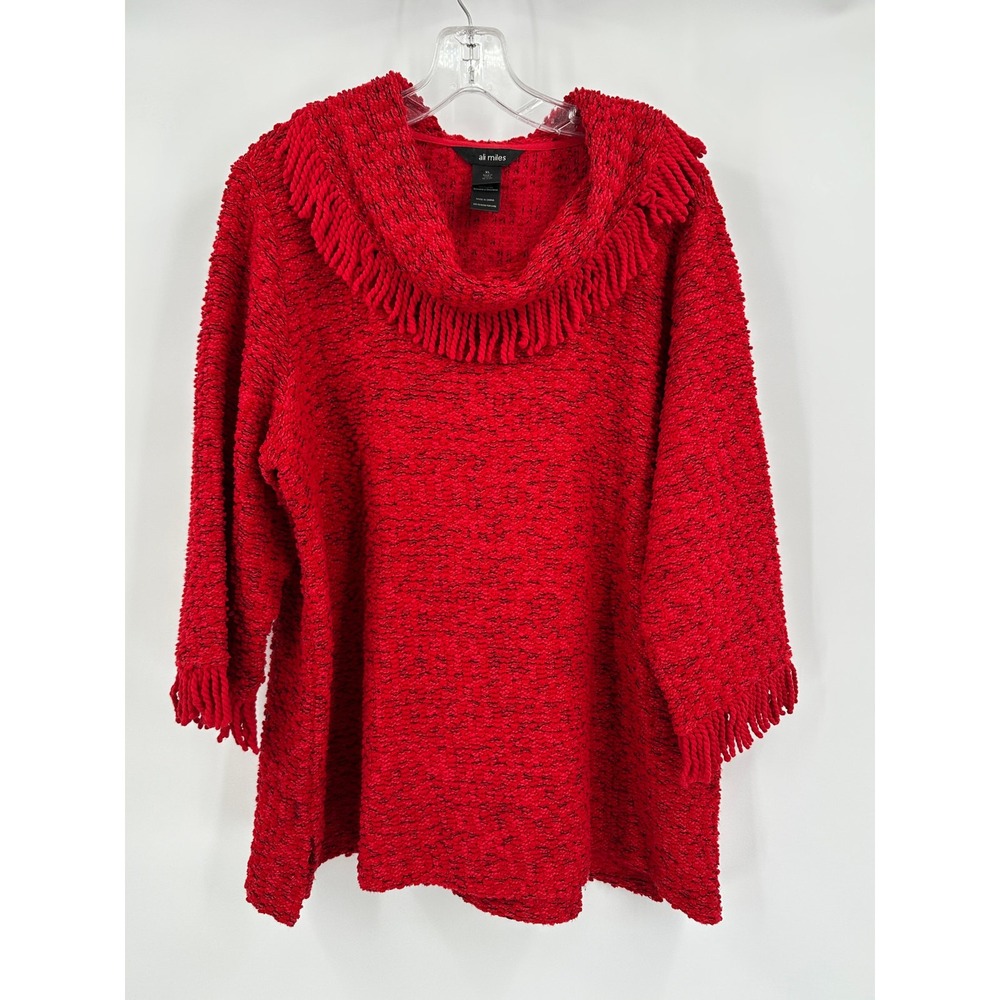 Ali Miles Womens Artsy Sweater Size XL Fringe Textured Statement Red Boucle Knit